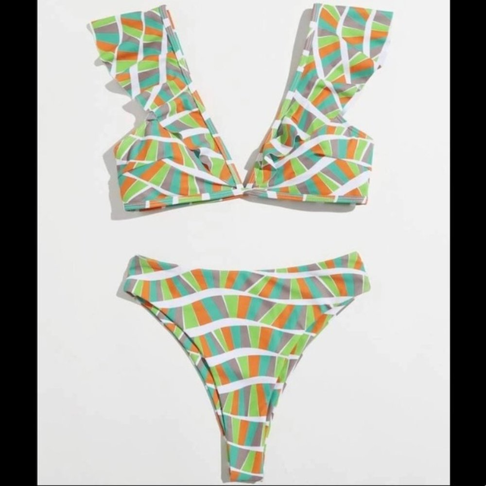 Geometric ruffle bikini swimsuit high cut printed